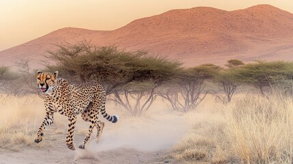 Fototapeta premium Cheetah Sprints Through Dusty Savannah at Sunrise with Mountainous Background in South Africa