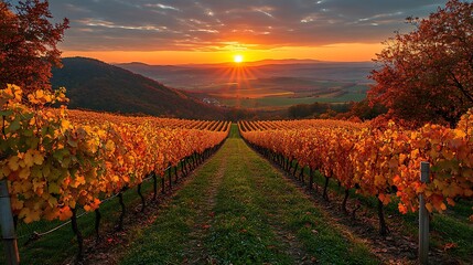 Naklejka premium Scenic vineyard at sunset with vibrant autumn foliage and distant hills under a colorful sky