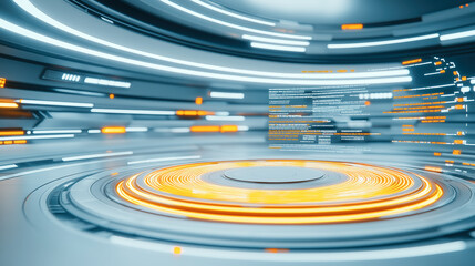 Futuristic virtual interface with holographic display in high-tech digital environment.