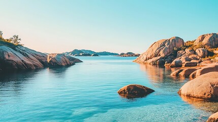 Serene coastal scene with calm waters and rocky shores