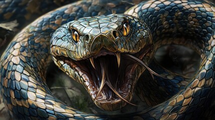 Fototapeta premium Aggressive snake coiled, jungle background