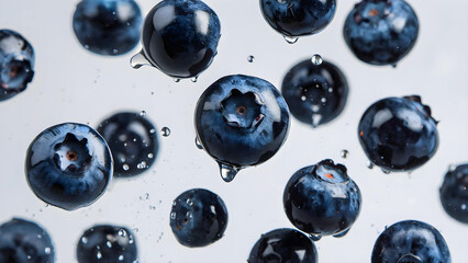 A refreshing and detailed macro shot of falling blueberries with water droplets on the surface creating a clean, fresh and light effect