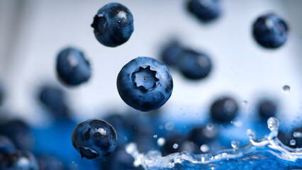 A dynamic image of blueberries falling into water, with the effect of movement and splashing drops, creating a feeling of freshness and energy