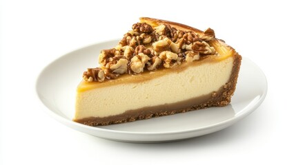 A slice of Arabic cheesecake, topped with sweetened condensed milk and crunchy walnut pieces. The cheesecake sits gracefully on a white plate.