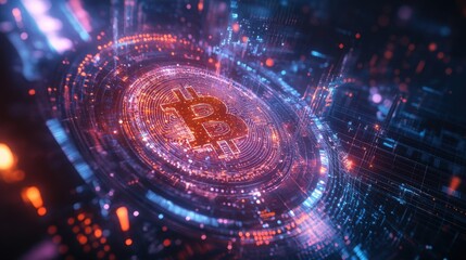 Fototapeta premium Intricate Digital Representation of Bitcoin with Neon Glow in Blockchain Network