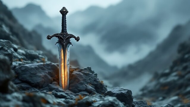 Close-up sword standing rocky ground has long curved A viking sw