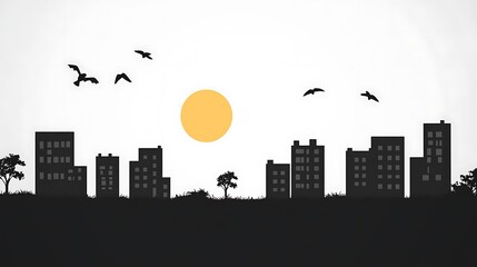 Cityscape Silhouette With Sun And Birds In Flight