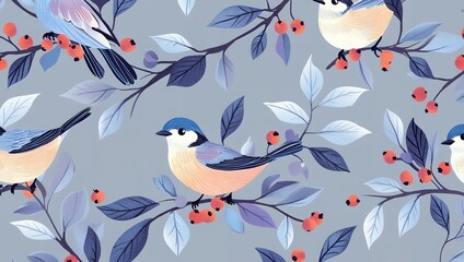 Elegant Blue Birds Perched on Winter Branches with Berries Seamless Pattern Design