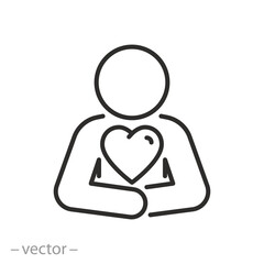human with heart icon, self love, yourself care, thin line vector illustration