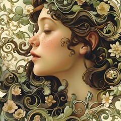 Whimsical Art Nouveau Inspired Portrait of a Woman in Floral Embrace
