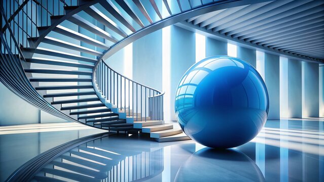 100% Success! Blue Sphere on Spiral Staircase - Abstract Achievement Stock Photo