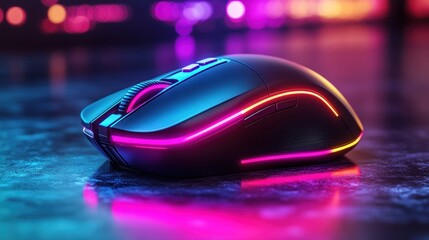 Neon-lit gaming mouse, city backdrop, esports