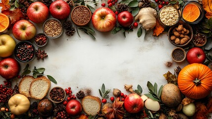Autumn harvest arrangement with fruits, nuts, and spices on a rustic table setting