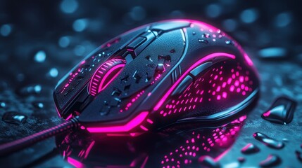 Neon gaming mouse, wet surface, bokeh background, esports