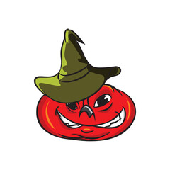 Cartoon illustration of a pumpkin shaped like a scary farmer doll's head