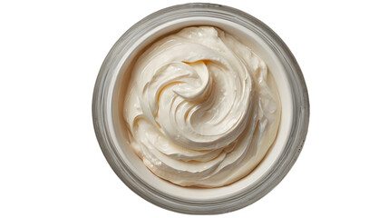 close-up top view of white cream in a jar on white, transparent background png