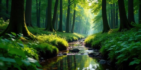 Fototapeta premium A narrow forest stream flows through a dense thicket of tall trees, thicket, forest stream, nature