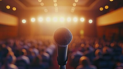 A corporate event with a motivational speaker inspiring attendees in a large auditorium.