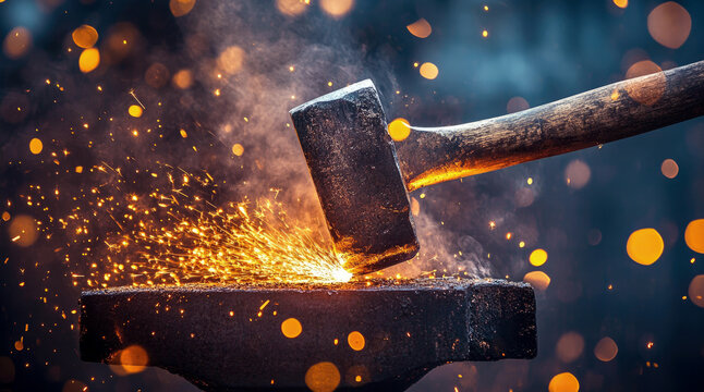 A blacksmith hammer striking hot metal on an anvil, creating glowing sparks, symbolizing craftsmanship, industry, and traditional metalworking in a fiery atmosphere.