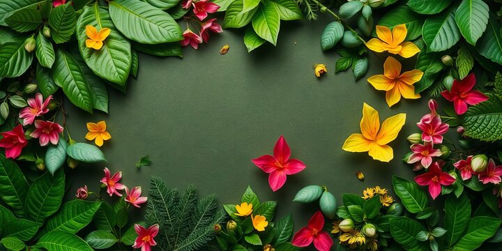 A beautiful arrangement of various tropical green leaves creating a vibrant and refreshing spring-inspired layout, foliage, lush, creative