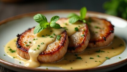 Creamy mushroom and herb sauce drizzle on grilled Iberian pork medallions, topping, flavor enhancer