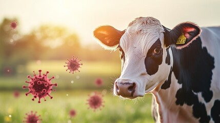 Dairy cow with avian flu virus particles, symbolizing animal health risks and disease prevention.