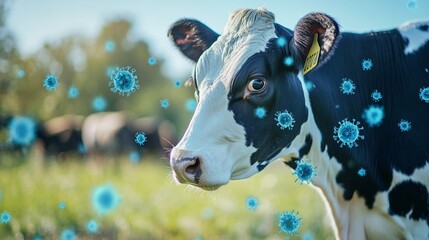 Dairy cow with avian flu virus particles, symbolizing animal health risks and disease prevention.