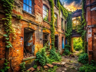 Fototapeta premium Abandoned Building Urban Exploration Photography: Decaying Structure, Crumbling Walls, Overgrown Plants, Rusty Metal, Distressed Concrete