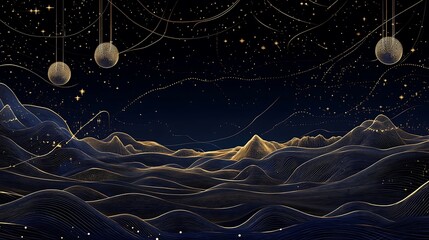 Celestial Night: 3D Render of Golden Ornaments Above a Dreamlike Mountain Landscape AI Generated
