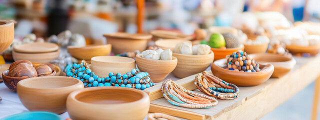 Handcrafted bowls and jewelry displayed at vibrant market, showcasing unique artisan creations. colorful beads and natural materials evoke sense of cultural richness and creativity