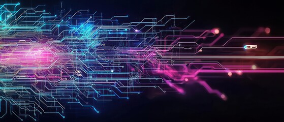 Abstract Digital Network Background with Glowing Lines and Bright Neon Colors