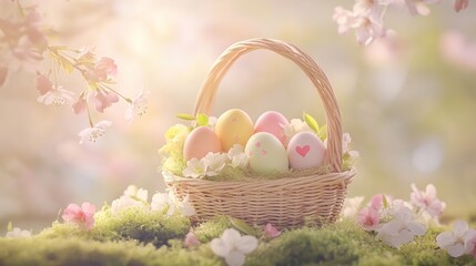 Fototapeta premium Vibrant Easter egg basket with pastel eggs, spring flowers, and moss, bathed in warm sunlight, symbolizing renewal and joy.