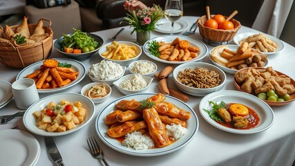 A diverse array of delicious dishes set up on a round dining table for a mealtime gathering, meal, dinner, feast