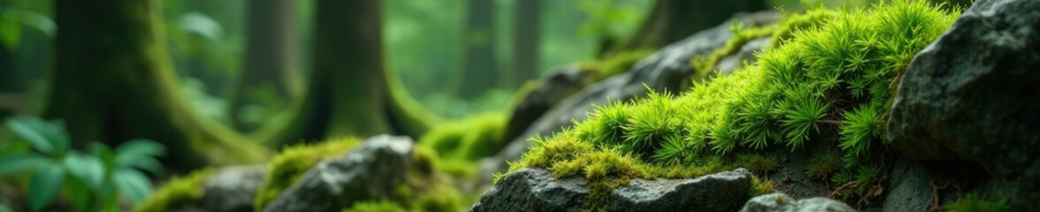 Lush green moss grows in cracks of ancient rocks, moss, wilderness, landscape
