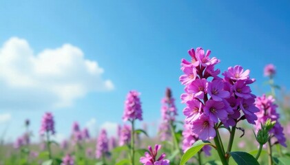 Obraz premium Purple prairie verbena in full bloom against a blue sky, flowers, purple