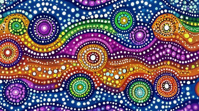 Colorful abstract painting with flowing patterns and circular motifs inspired by indigenous art styles