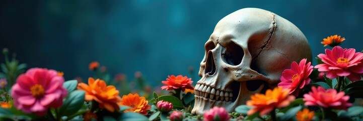 Spooky skull amidst blooming flowers on blue background, autumn colors, skull, graveyard scene