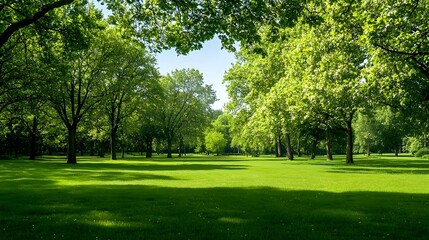 Fototapeta premium Sunlit Green Park Landscape With Lush Trees and Grass