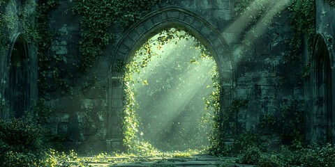 Doorway with light streaming through beneath an emerald tapestry in a serene setting