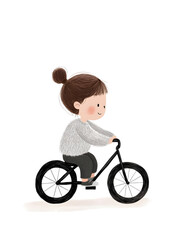 Child Riding a Bicycle. Whimsical illustration of a young girl joyfully riding her black bicycle against a plain white background. Innocence and freedom.