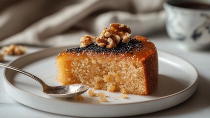 A slice of Japanese honey cake, adorned with a spoonful of black sesame paste and topped with crushed walnuts. The cake's richness is balanced by the nuttiness of the topping.