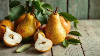 Still life image of a green pear set against a rustic background, summer, rustic, fruit