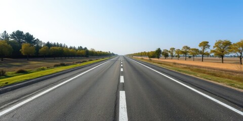 Fototapeta premium Straight asphalt road stretching into the distance with a few trees on either side, concrete road, highway, asphalt pavement
