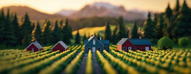 A serene landscape featuring charming houses amidst lush vineyards and towering mountains in the background, bathed in warm sunlight.