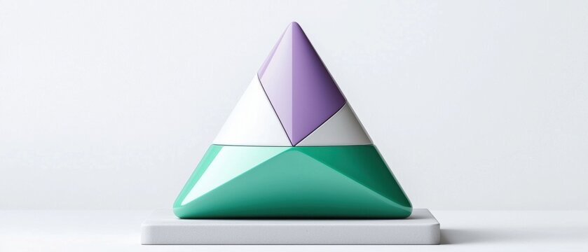 A green and purple pyramid is on a white surface