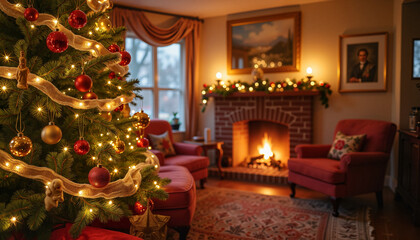 Cozy Christmas living room with decorated tree and fireplace