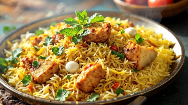 Aromatic Chicken Biryani: A mouthwatering close-up of a golden, fragrant chicken biryani, with tender chicken pieces and fluffy rice, garnished with fresh herbs. Steam rises from the dish.