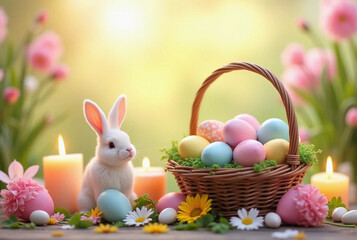 A bright Easter scene with colorful decorated eggs in a basket, flowers, soft sunlight, and pastel candles and bunny figurines. The background a spring setting with flowers and a soft-focus effect.
