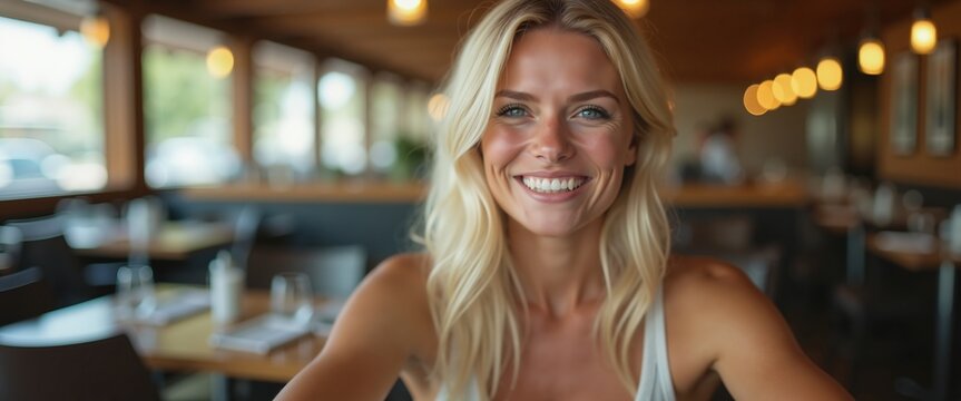 Smiling blonde woman in cozy cafe, casual dining experience photography