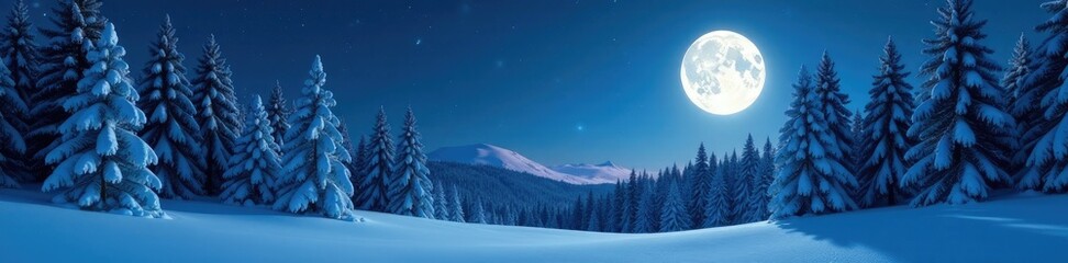 Tall pines towering above a blanket of snow under the full moon, night sky, white snow, forest scenery